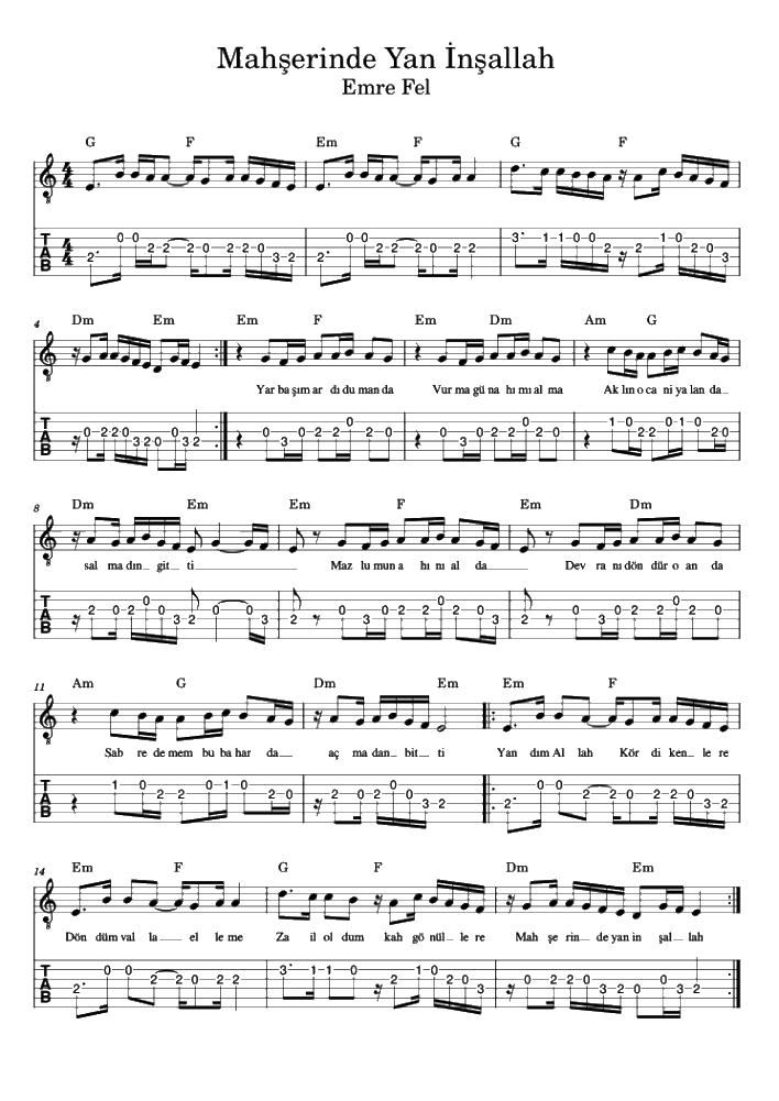 Emre Fel – Mahşerinde Yan İnşallah nota