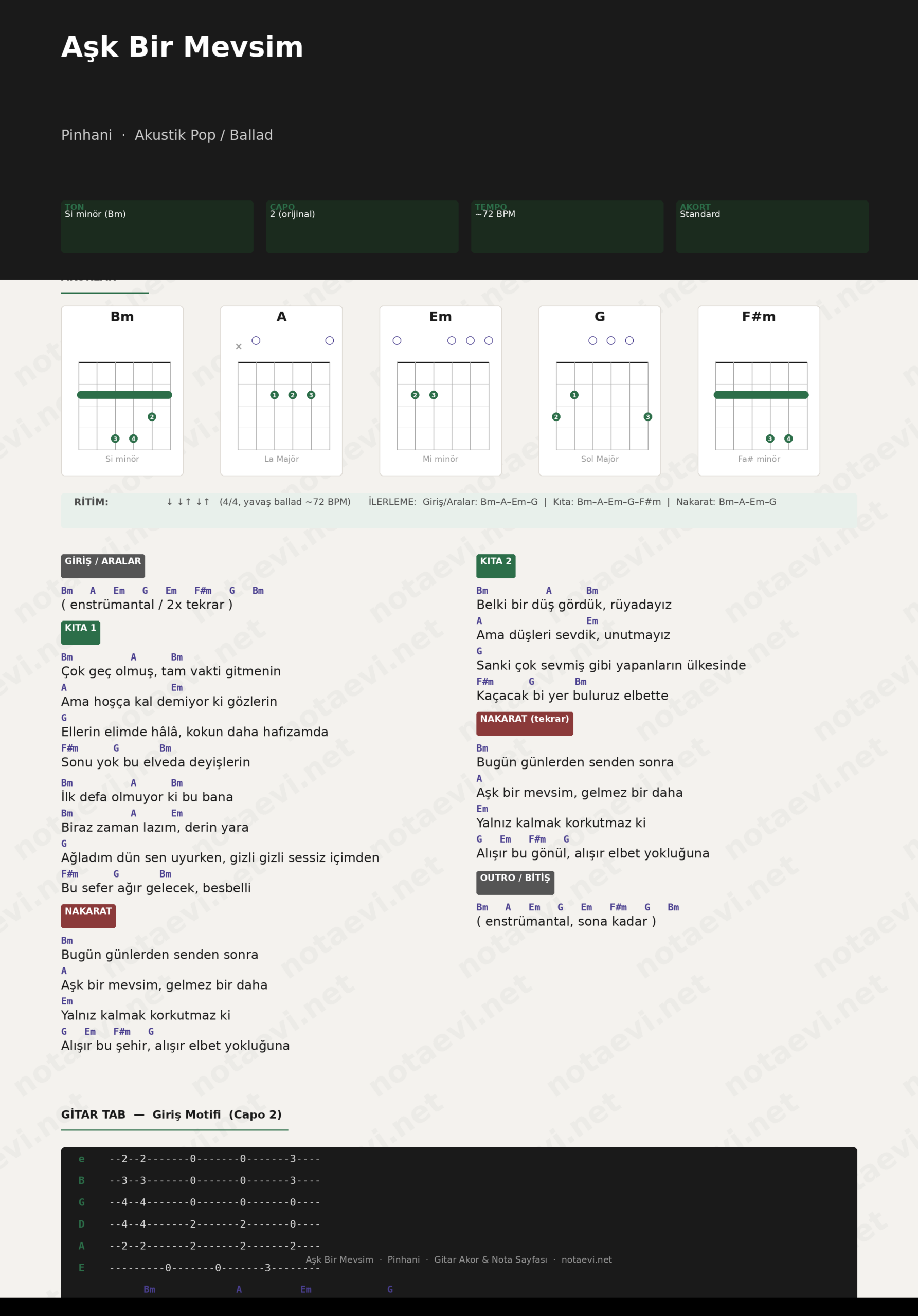 Pinhâni Aşk Bir Mevsim akor