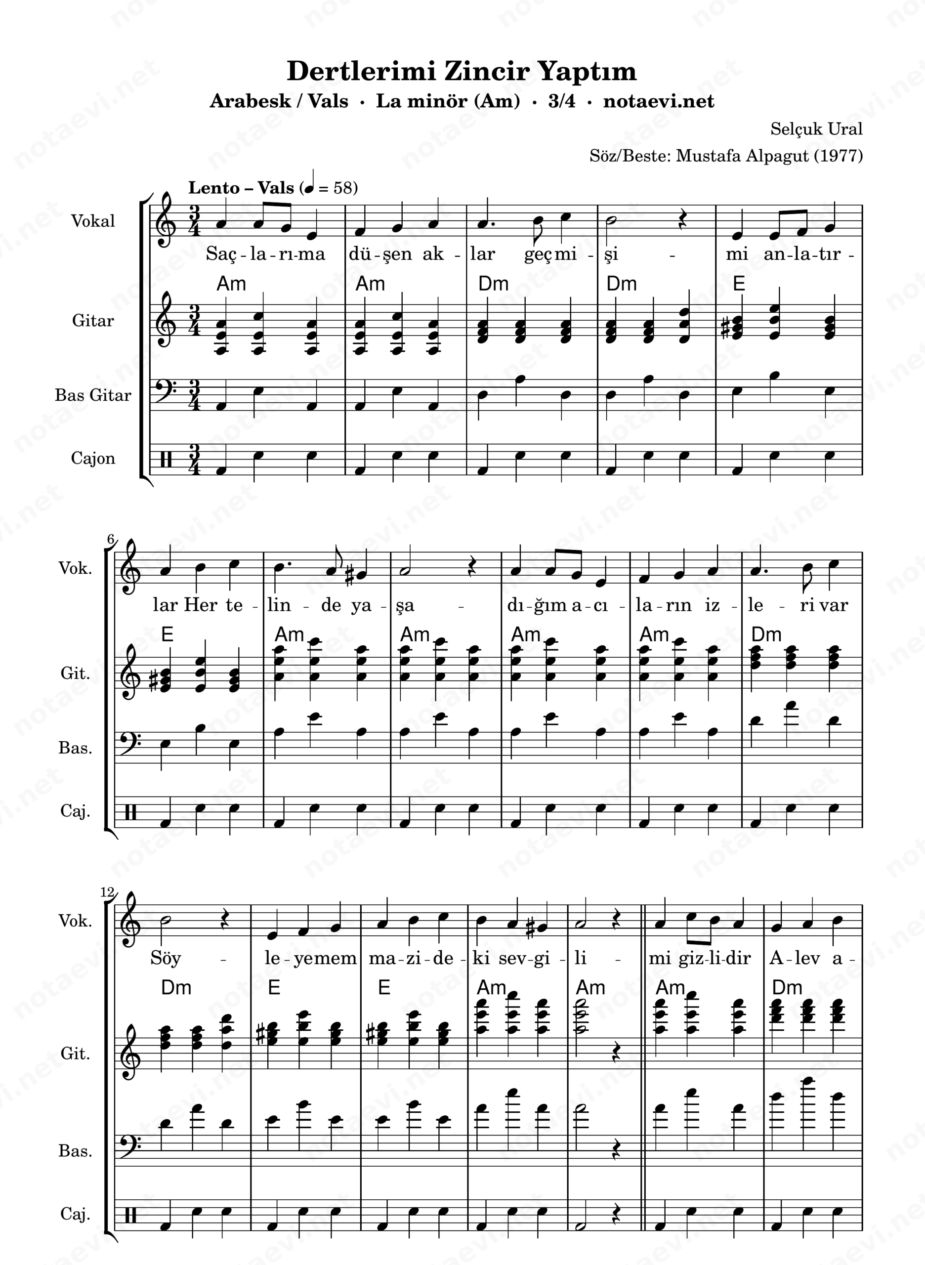 Dertlerimi Zincir Yaptım Nota