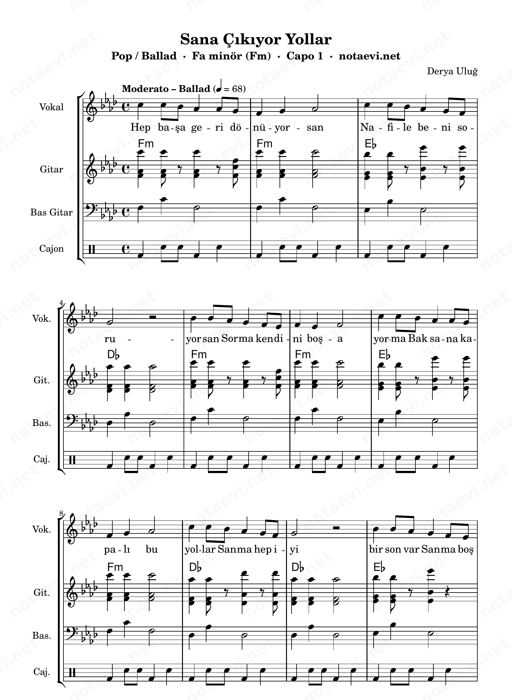 Sana Çıkıyor Yollar Nota